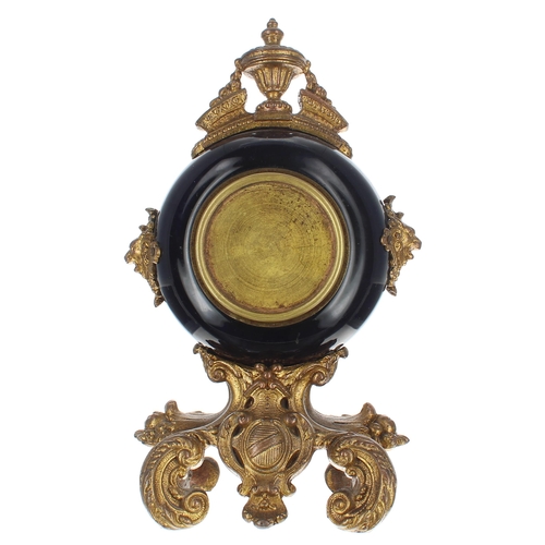 1368 - Small French gilt metal and cobalt blue pottery mantel clock timepiece with platform escapement, the... 