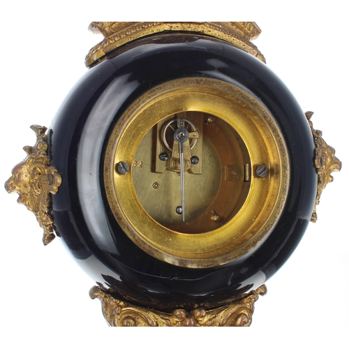 1368 - Small French gilt metal and cobalt blue pottery mantel clock timepiece with platform escapement, the... 