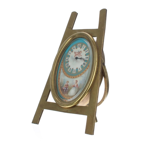 1371 - Attractive French porcelain and brass miniature easel clock timepiece, the oval porcelain dial plate... 