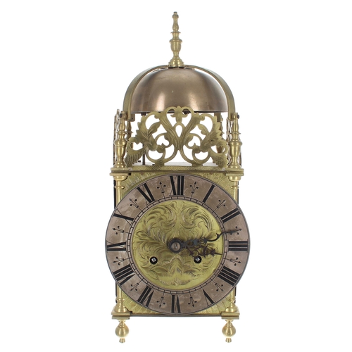 1375 - Brass lantern clock, the eight day ting-tang quarter strike on two bells and the movement back plate... 