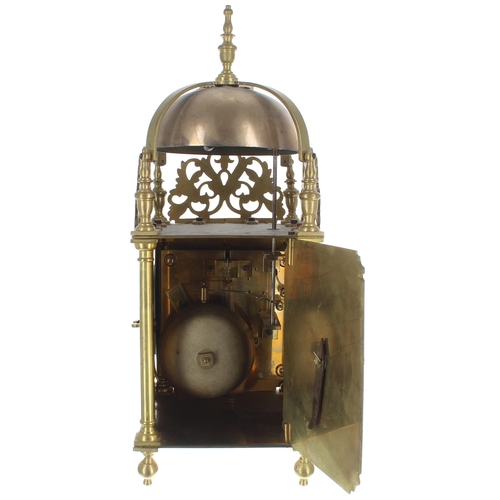 1375 - Brass lantern clock, the eight day ting-tang quarter strike on two bells and the movement back plate... 