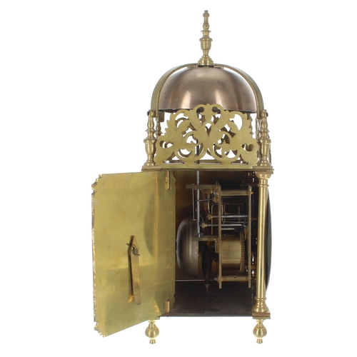 1375 - Brass lantern clock, the eight day ting-tang quarter strike on two bells and the movement back plate... 