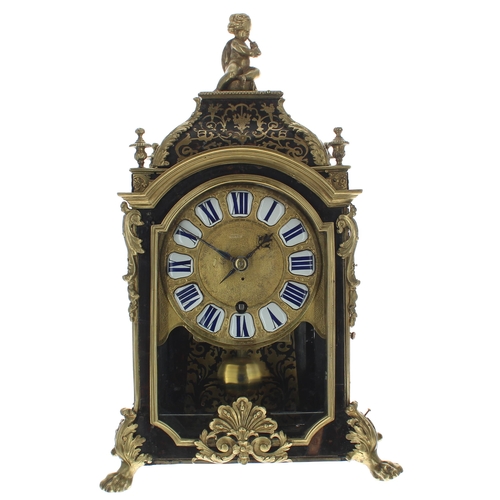 1501 - Early French Boulle mantel clock timepiece, the movement back plate signed Jean Godde Paris, the 5.5... 