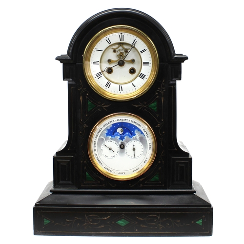 1502 - French black marble two train calendar mantel clock, the S. Marti movement striking on a bell, the 4... 