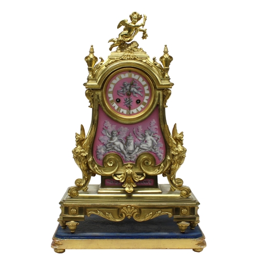 1504 - Fine and attractive French ormolu and porcelain panelled two train mantel clock, the Japy Freres mov... 