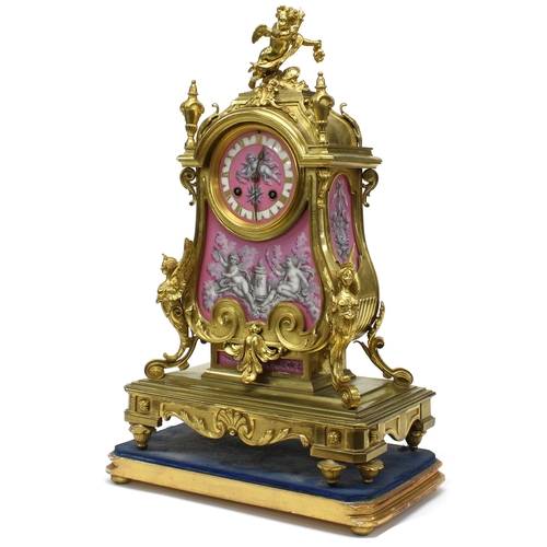 1504 - Fine and attractive French ormolu and porcelain panelled two train mantel clock, the Japy Freres mov... 