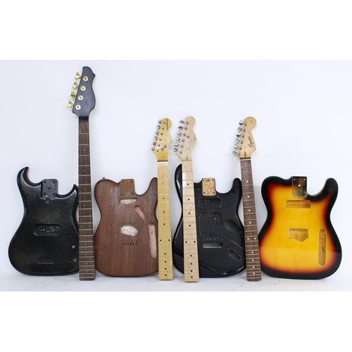 1122 - Four guitar bodies and four guitar necks for projects; together with two A frame guitar stands, two ... 