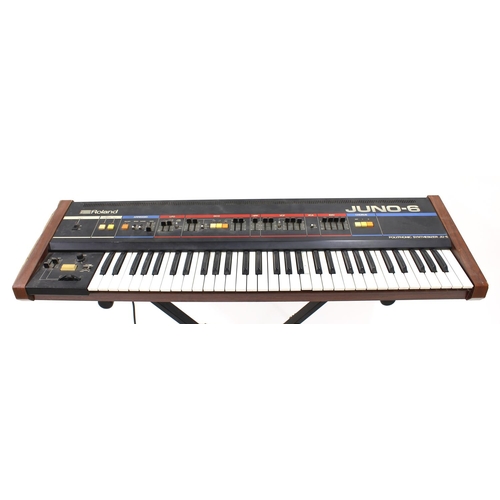 3100 - 1980s Roland Juno 6 Polyphonic Synthesizer keyboard, made in Japan, ser. no. 21587O, with stand (in ... 