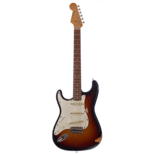 128 - Modified Fender Stratocaster left-handed electric guitar comprising a reliced sunburst Japanese Fend... 