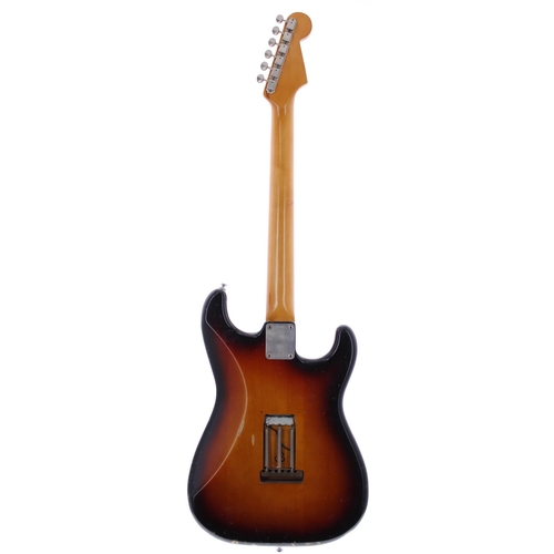 128 - Modified Fender Stratocaster left-handed electric guitar comprising a reliced sunburst Japanese Fend... 