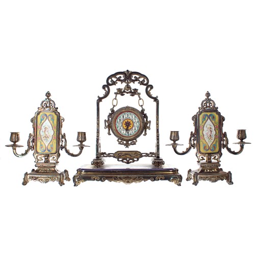 1393 - Good and unusual Chinese silvered cloisonne mantel clock garniture, the timepiece movement with plat... 