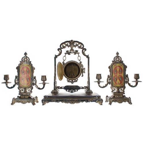 1393 - Good and unusual Chinese silvered cloisonne mantel clock garniture, the timepiece movement with plat... 