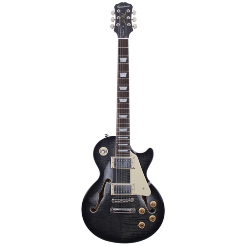 259 - 2018 Epiphone Les Paul ES semi-hollow body electric guitar, made in China; Body: trans blue/grey fin... 