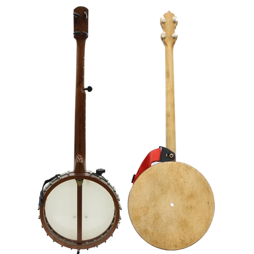 1510 - Fretless five string banjo with old neck and contemporary rim; together with a contemporary plectrum... 