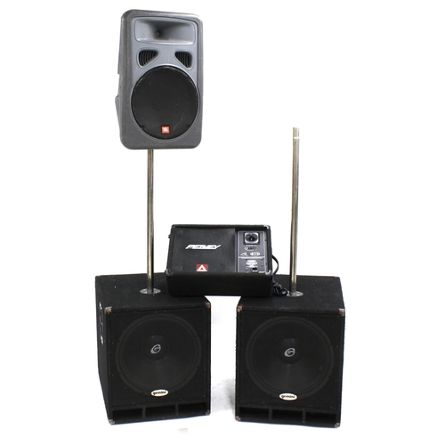 3110 - Pair of Gemini PA bass bin speakers, with upper pole mounts; together with a Peavey Eurosys 12pm pow... 