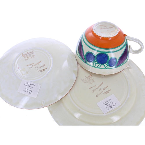 540 - Clarice Cliff Fantasque 'Cherry' trio retailed by Lawley's, comprising a tea cup, saucer and side pl... 