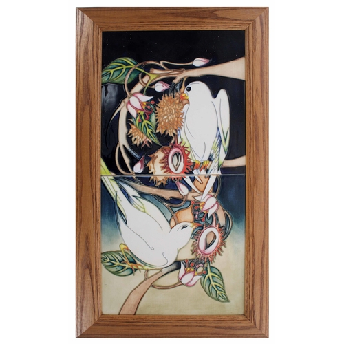 574 - Moorcroft Pottery 'Birds of Paradise' two tile limited edition framed plaque designed by Emma Bosson... 