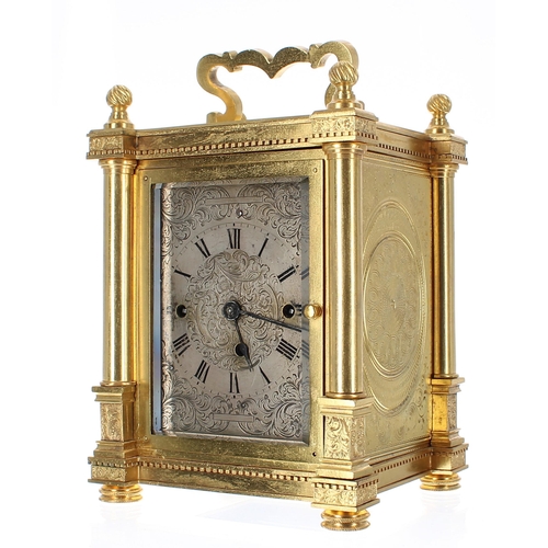 1206 - Interesting and unusual Austrian ormolu three train Grande Sonnerie carriage clock, the movement str... 