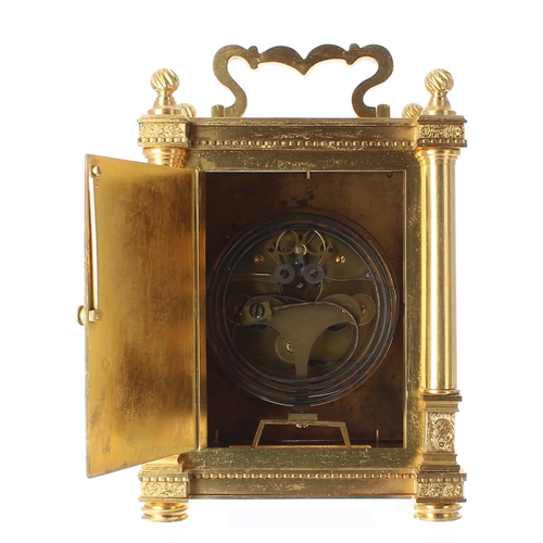 1206 - Interesting and unusual Austrian ormolu three train Grande Sonnerie carriage clock, the movement str... 