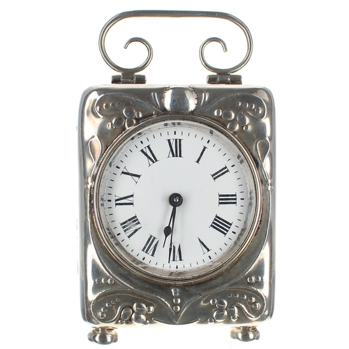 1303 - Edwardian miniature silver cased carriage clock timepiece, the French movement with fixed key wind, ... 