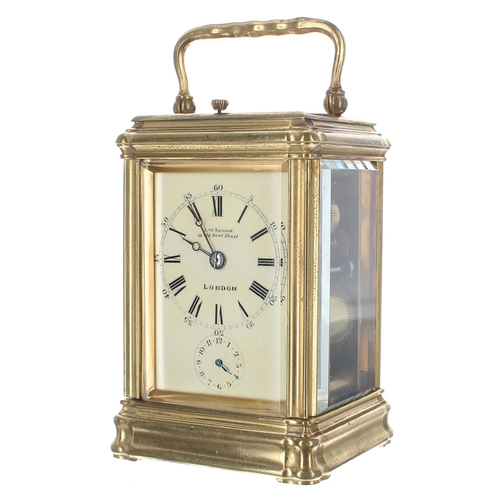 1322 - French repeater carriage clock with alarm striking on a gong, the movement back plate stamped Made i... 