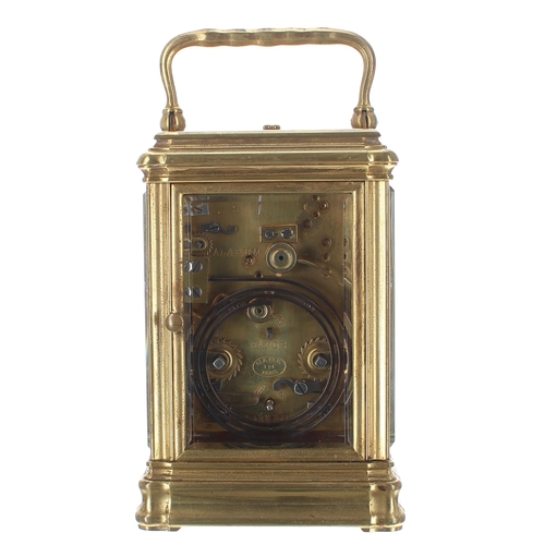 1322 - French repeater carriage clock with alarm striking on a gong, the movement back plate stamped Made i... 