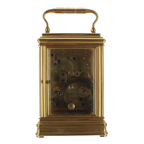 1324 - Drocourt repeater carriage clock with alarm, the movement striking with two hammers on a gong, stamp... 