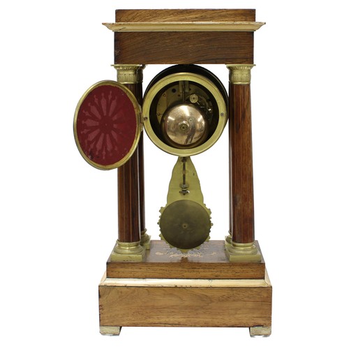 2317 - French rosewood portico two train mantel clock, the Japy Freres movement with outside countwheel str... 