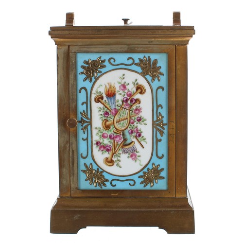 2514 - Repeater carriage clock striking on a gong, with painted and gilded porcelain panels within a cornic... 