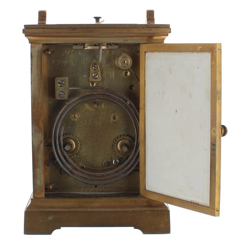 2514 - Repeater carriage clock striking on a gong, with painted and gilded porcelain panels within a cornic... 