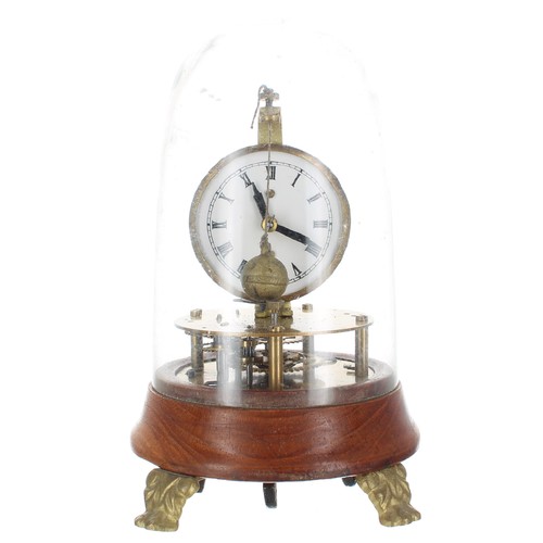 2518 - Conical pendulum novelty small clock, under a glass dome and upon a stained wooden base, 8