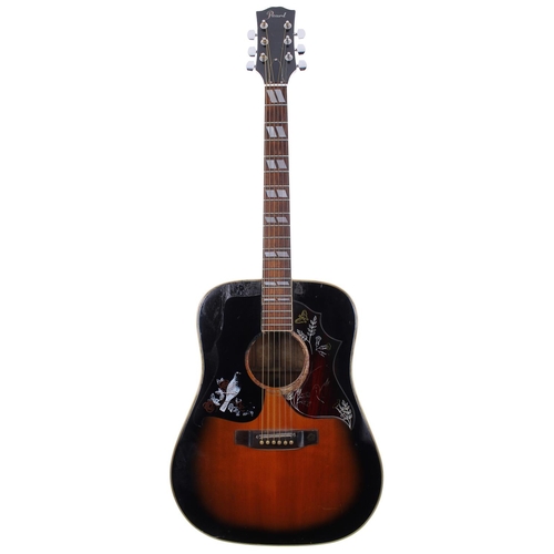 431 - Pearl acoustic guitar, in tired condition, gig bag