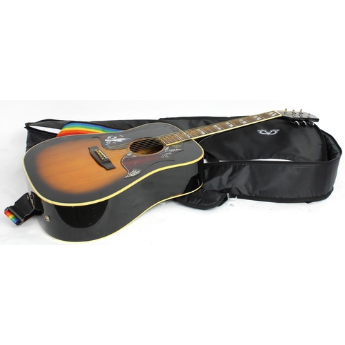 431 - Pearl acoustic guitar, in tired condition, gig bag