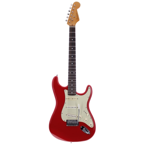 80 - S type electric guitar, branded 'Futurama Vintage Custom Series', with red finish and Fender gig bag... 