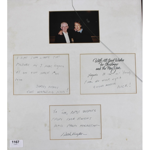 1167 - Dick Knight and Paul McCartney interest - framed display with handwritten cuttings from Dick Knight,... 