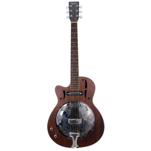 393 - Ozark 3515E left-handed electric resonator guitar, made in Korea; Body: natural mahogany; Neck: good... 