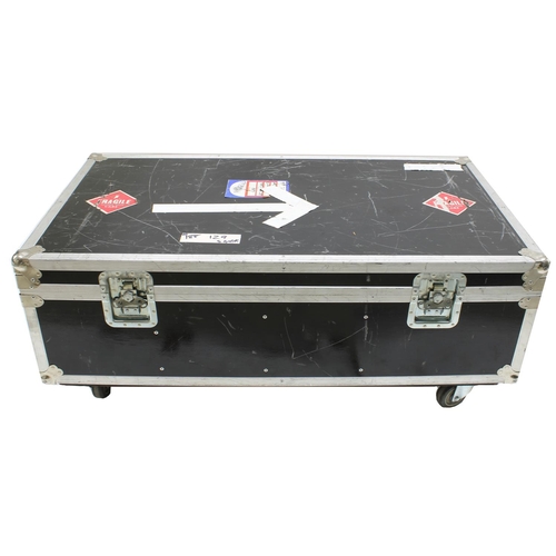 610 - Gary Moore - large trunk type heavy duty flight case on wheels, bearing various tape annotations and... 