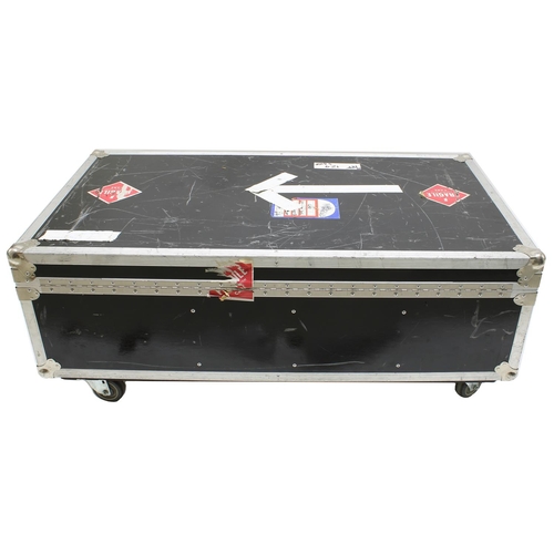 610 - Gary Moore - large trunk type heavy duty flight case on wheels, bearing various tape annotations and... 