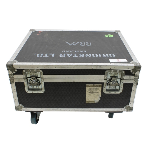 611 - Gary Moore - low heavy duty flight case on wheels with split section interior, bearing stencils 'Ori... 