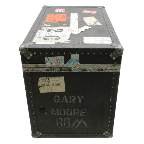 613 - Gary Moore - heavy duty flight case on wheels with rack mount interior, bearing various tape annotat... 