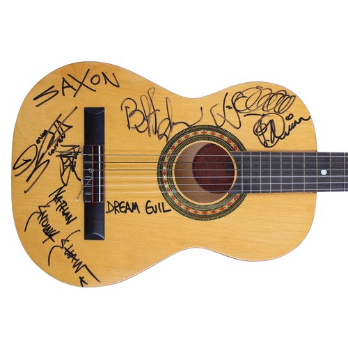 675 - Saxon - autographed Encore nylon string guitar signed by members of Saxon to the front... 