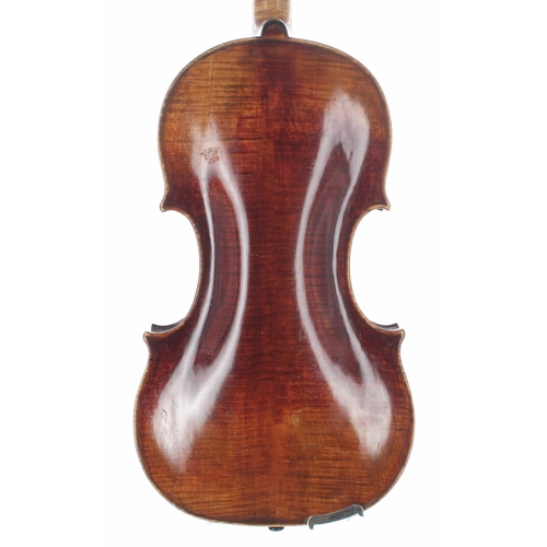 2454 - Interesting early violin with old repairs, unlabelled, the two piece back of faint medium curl with ... 