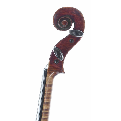 2454 - Interesting early violin with old repairs, unlabelled, the two piece back of faint medium curl with ... 