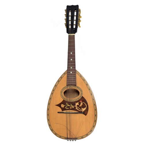 1565 - Pear shaped mandolin with decorated spruce table and open peg box, case