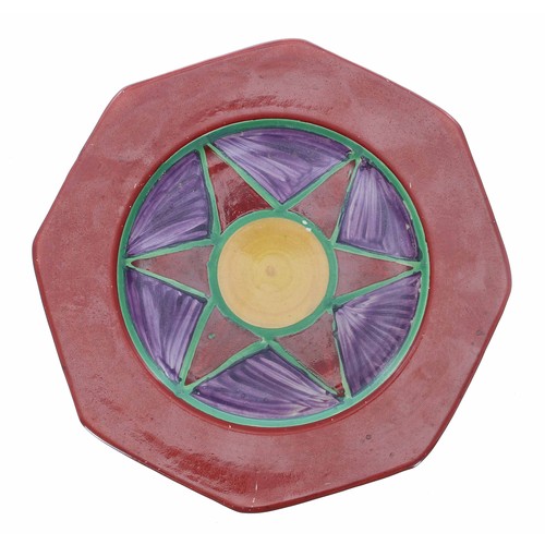 562 - Clarice Cliff 'Original Bizarre' octagonal side plate, painted in shades of iron red, purple and yel... 