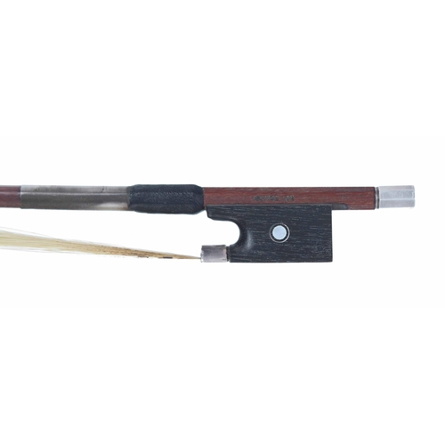 2219 - English silver mounted violin bow by and stamped Roy Collins, the stick round, the ebony frog inlaid... 