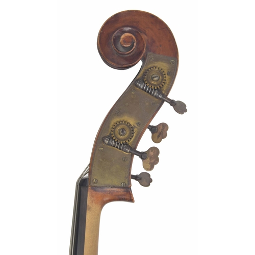 2517 - Good 19th century French double bass, unlabelled, the two piece flat back of faint narrow curl with ... 