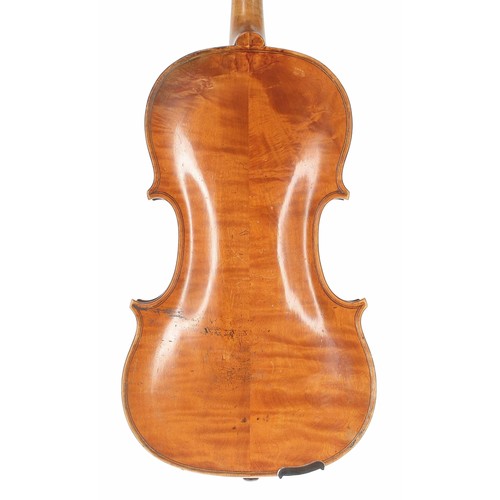 2421 - Interesting and early 19th century English viola, unlabelled, the two piece back of irregular flame ... 