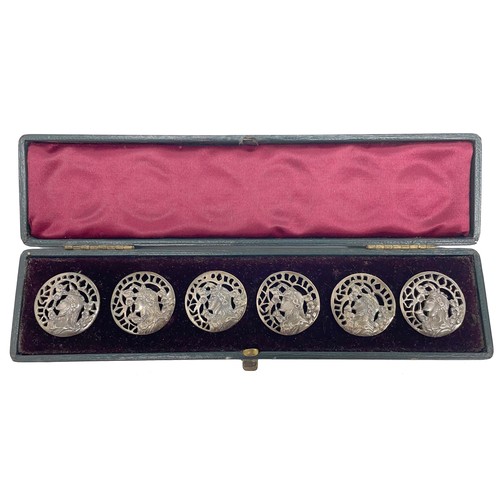 635 - Set of six Art Nouveau silver plated buttons, each cast with a stylised maiden profile with a floral... 