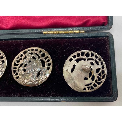 635 - Set of six Art Nouveau silver plated buttons, each cast with a stylised maiden profile with a floral... 